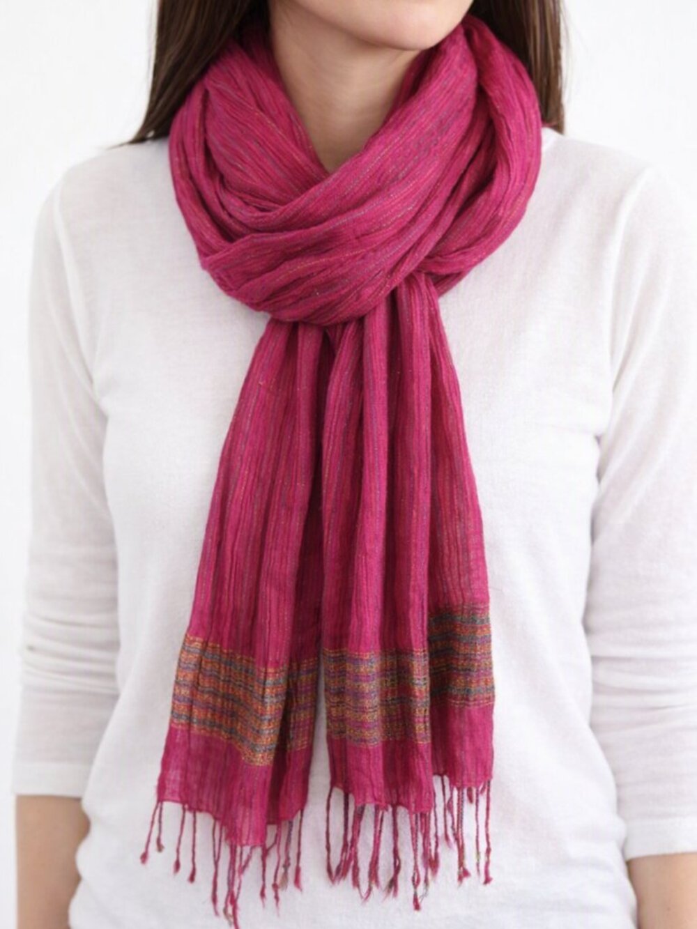 Vibrant Fuchsia Fringe Scarf with Multicolor Accent